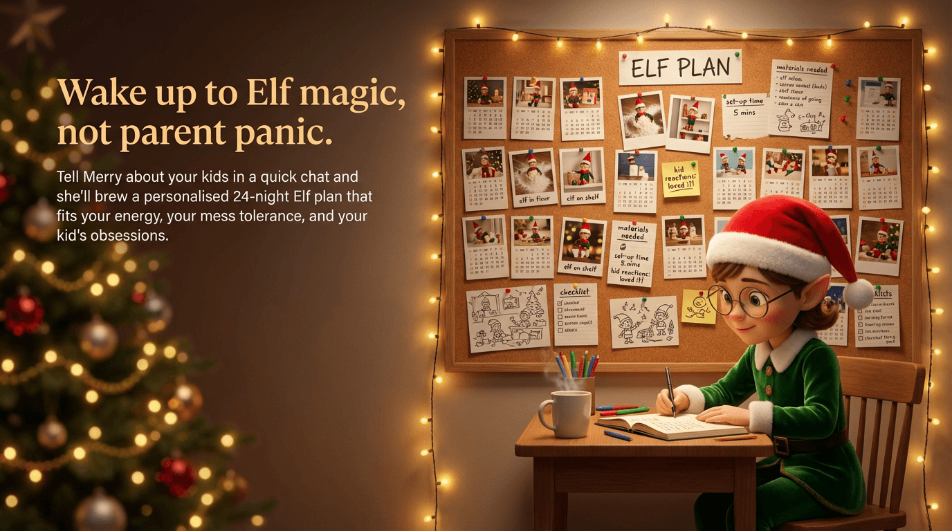 Merry the Elf planning a detailed December Elf plan on a corkboard